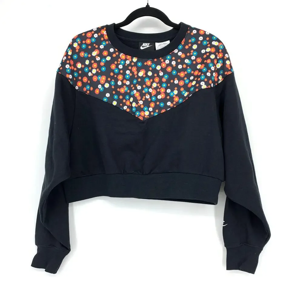 Nike Cropped Heritage Floral Print Crew Neck Sweatshirt Womens Sz Medium Black